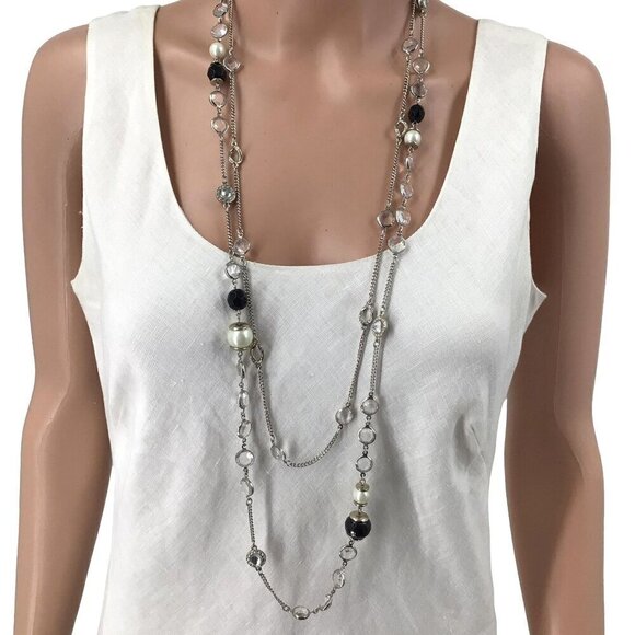 Ann Taylor Necklace Double Strand Silver Tone Black Beaded Toggle Closure - Picture 1 of 3
